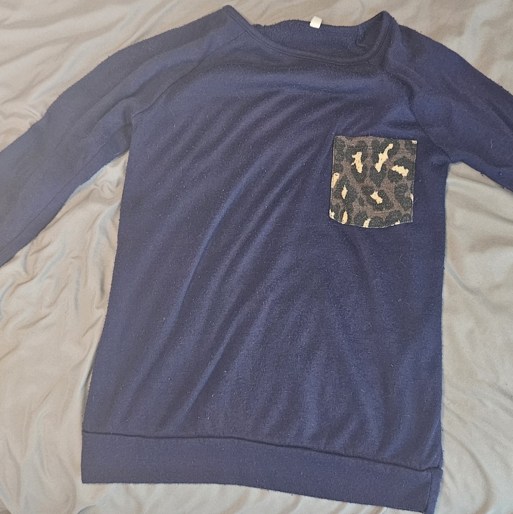 Navy Long Sleeve Top with Leopard Pocket - Picture 3 of 9